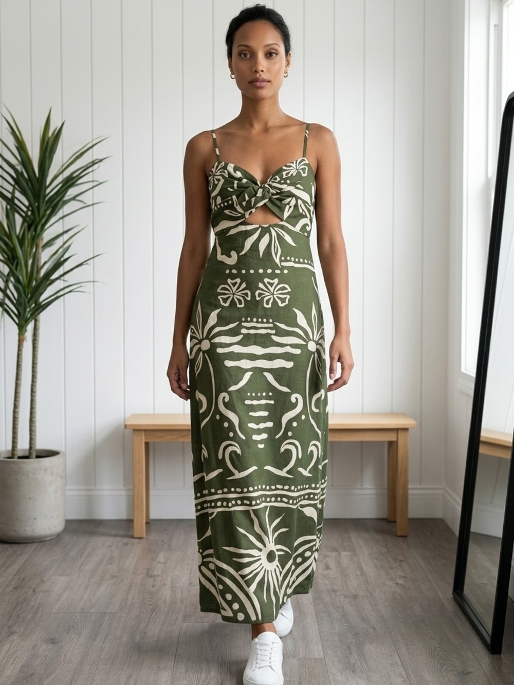 House of Harlow 1960 Olive Green & Cream Printed Tie-Front Maxi Dress